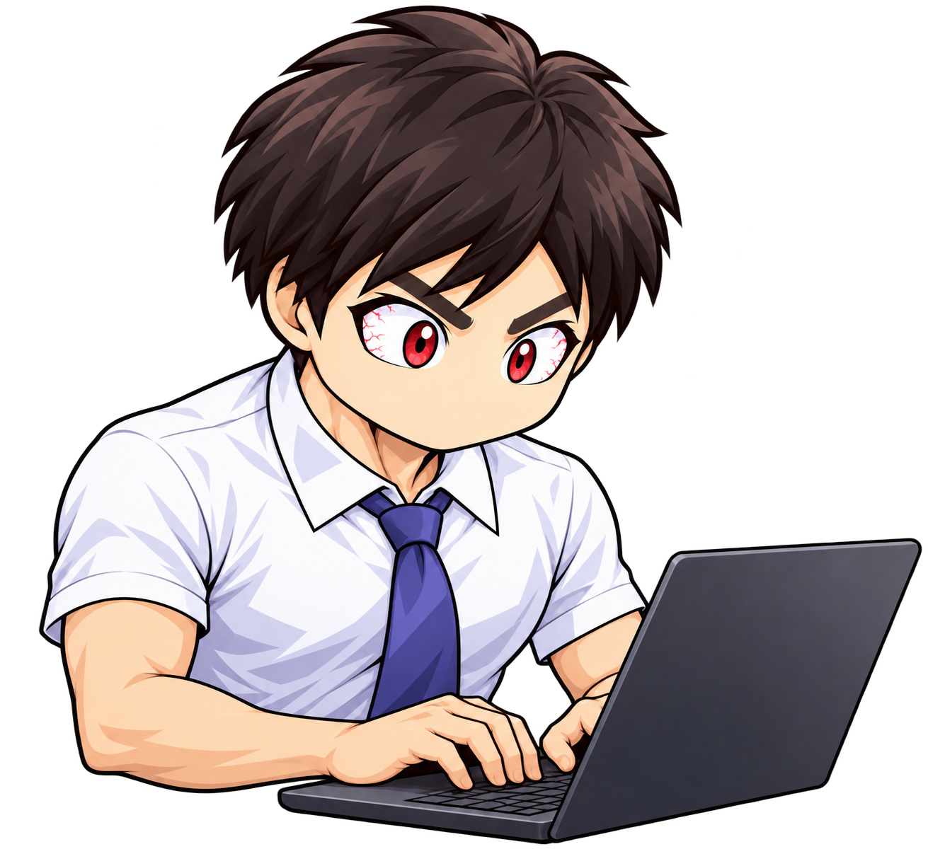 赤く見開いた目でPCに向かう、白シャツと青紫のネクタイ姿のメインキャラクター